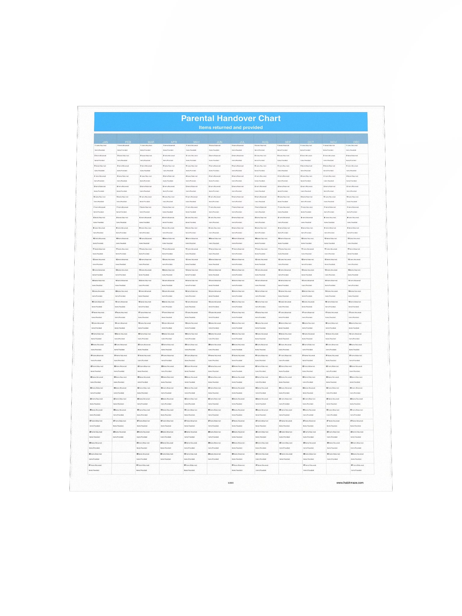 Parental Handover Chart ( 1 Year ) product image (5)