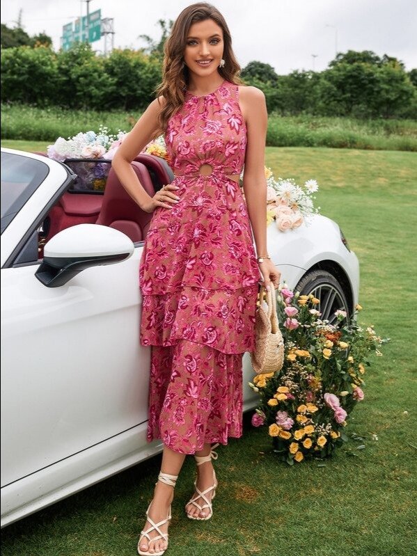 Floral Ring-Link Cutout Layered Boho Maxi Dress | ADLEST product image (1)