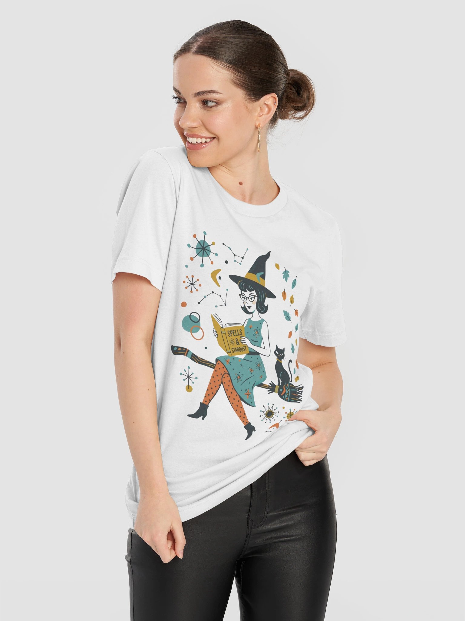 Retro Witch T-Shirt | Mid-Century Halloween Black Cat & Broom Tee product image (11)