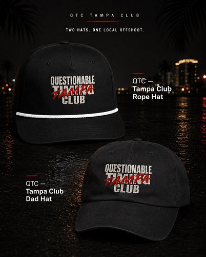 Timing got overruled.

The local offshoot arrives in two fits:
structured rope detail or relaxed dad hat.

For Tampa nights t...