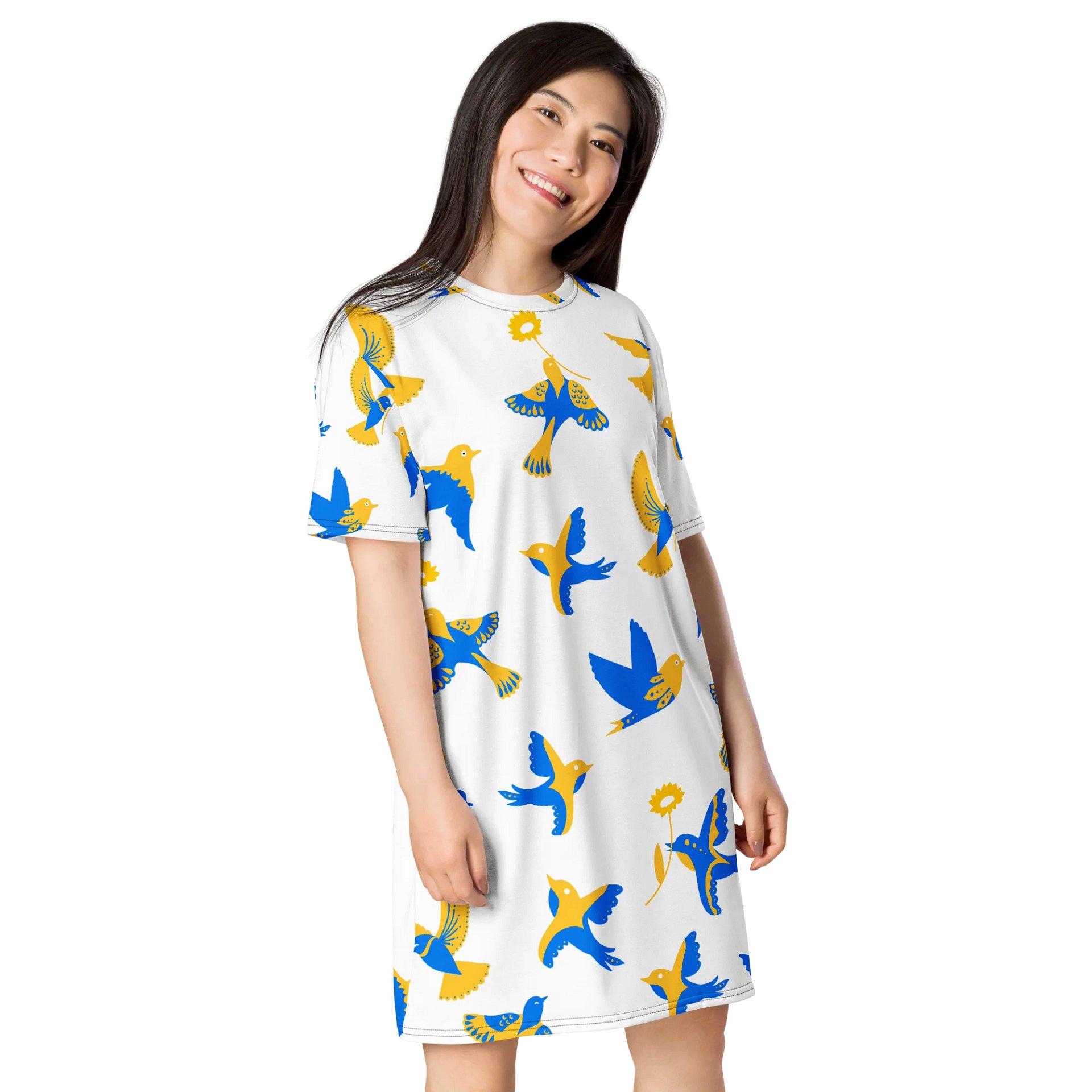 TDS Women's Oversized Bird & Flower T-Shirt Dress - Blue & Yellow product image (4)