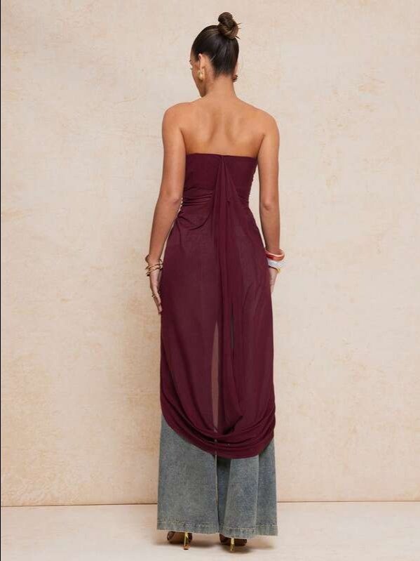 Burgundy Strapless Asymmetric Knot Maxi Dress | Women's Slim Fit Long Mesh Dress with Pockets for Wedding & Casual Elegance | ADLEST product image (2)