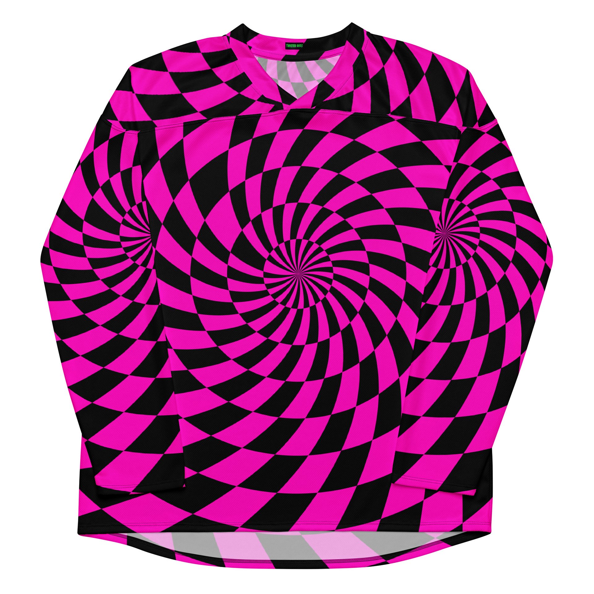 Psychedelic Rave EDM Hockey Jersey, Hot Pink Black Checkers Swirl Shirt, Trippy Techno Top Festival Fashion, Comfy Dance Party Clothing product image (7)