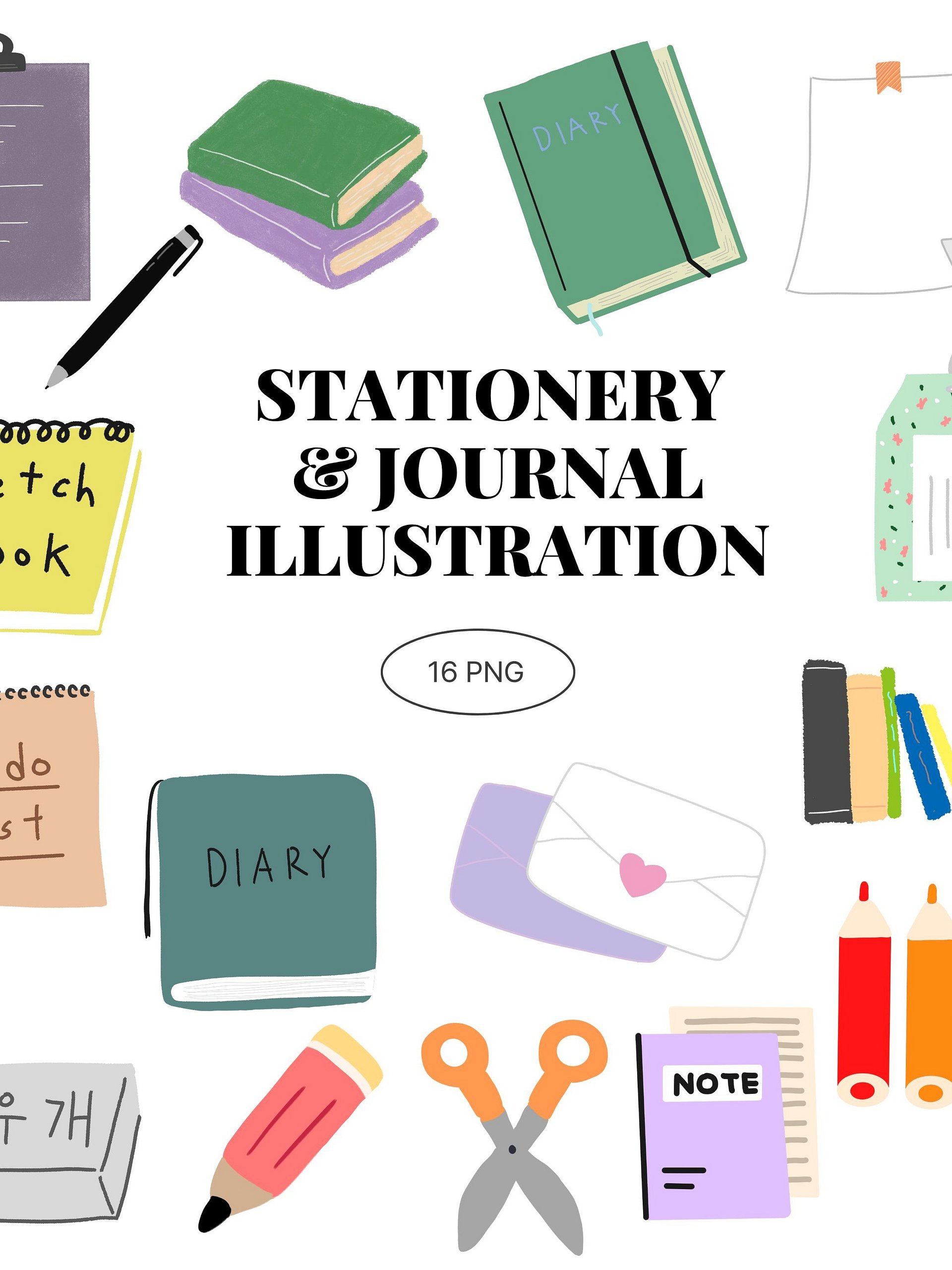 16 Hand-Drawn Stationery & Journal PNG Clipart Bundle product image (1)