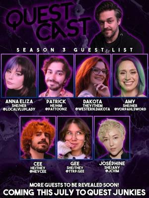 We're dropping the first batch of episodes for QuestCast Season 3 in July! Take a look at some of our incredible guests 👀💖✨ @locallvluplady@pattoonz@western.dakota@vorpahlsword@hey.cee@ttrp.gee #fyp #ttrpg #actualplay #dnd #podcastclips #trailer #questjunkies