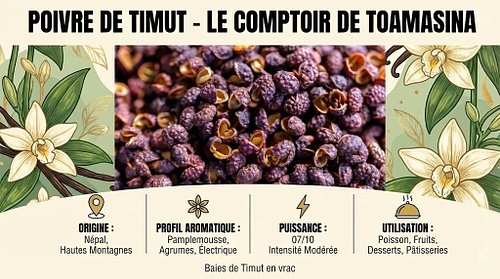 Originaire du Népal, le poivre de Timut n'a de poivre que le nom : proche des agrumes, avec des notes de pamplemousse et une ...