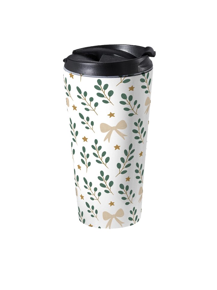 Stainless steel travel mug ribbons & stars botanical Christmas. Elegant holiday thermal mug product image (2)