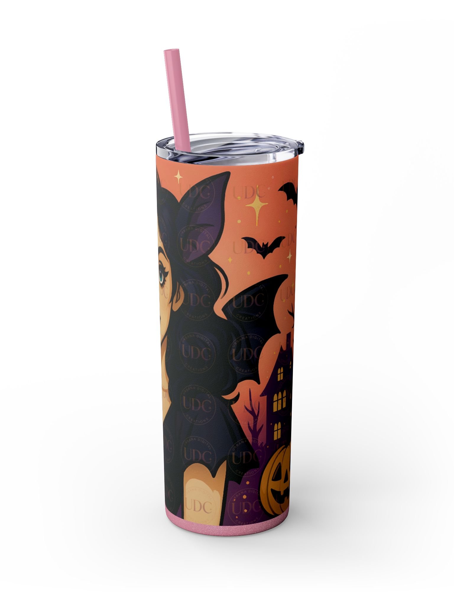Bat-Eared Gothic Witch Halloween Tumbler Wrap PNG – Black Dress, Pumpkin, Haunted House & Sunset Bats for 20oz Skinny Tumblers product image (6)