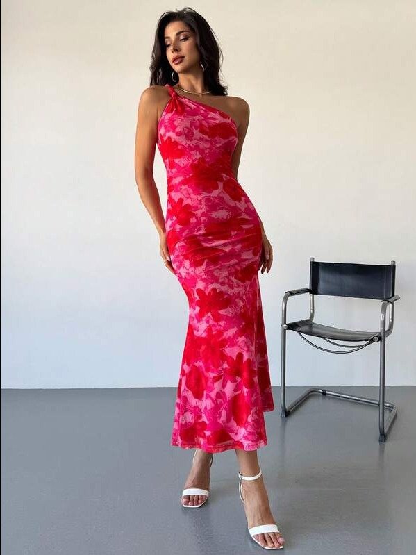 ADLEST Women's Elegant Floral Print One-Shoulder Fishtail Hem Twist Dress, Suitable For Vacation, Date, Music Festival Yellow Flower Dress Yellow Sexy Dress product image (2)