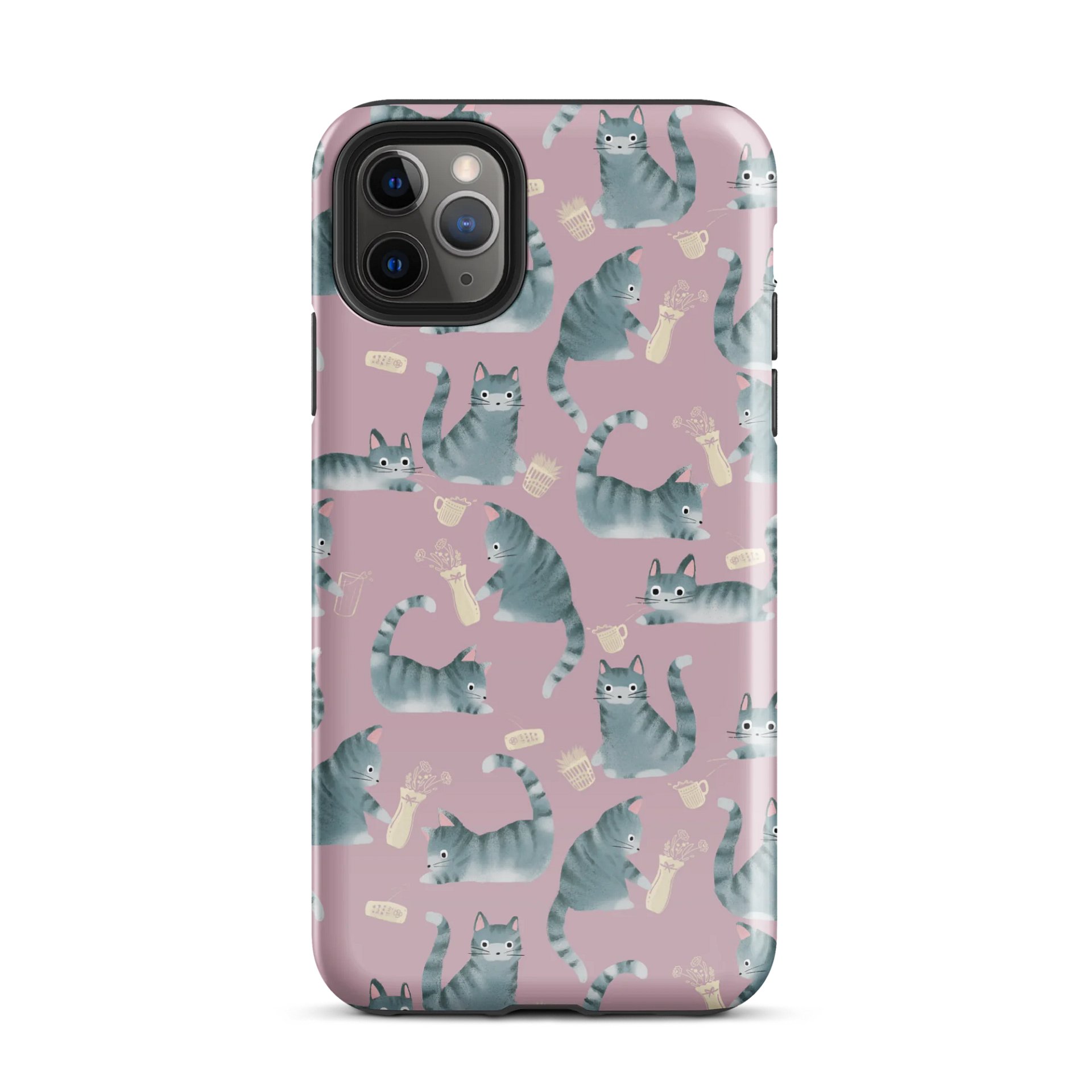 Bad Grey Tabby Cats Knocking Stuff Over Patterned iPhone Case, Pink product image (51)