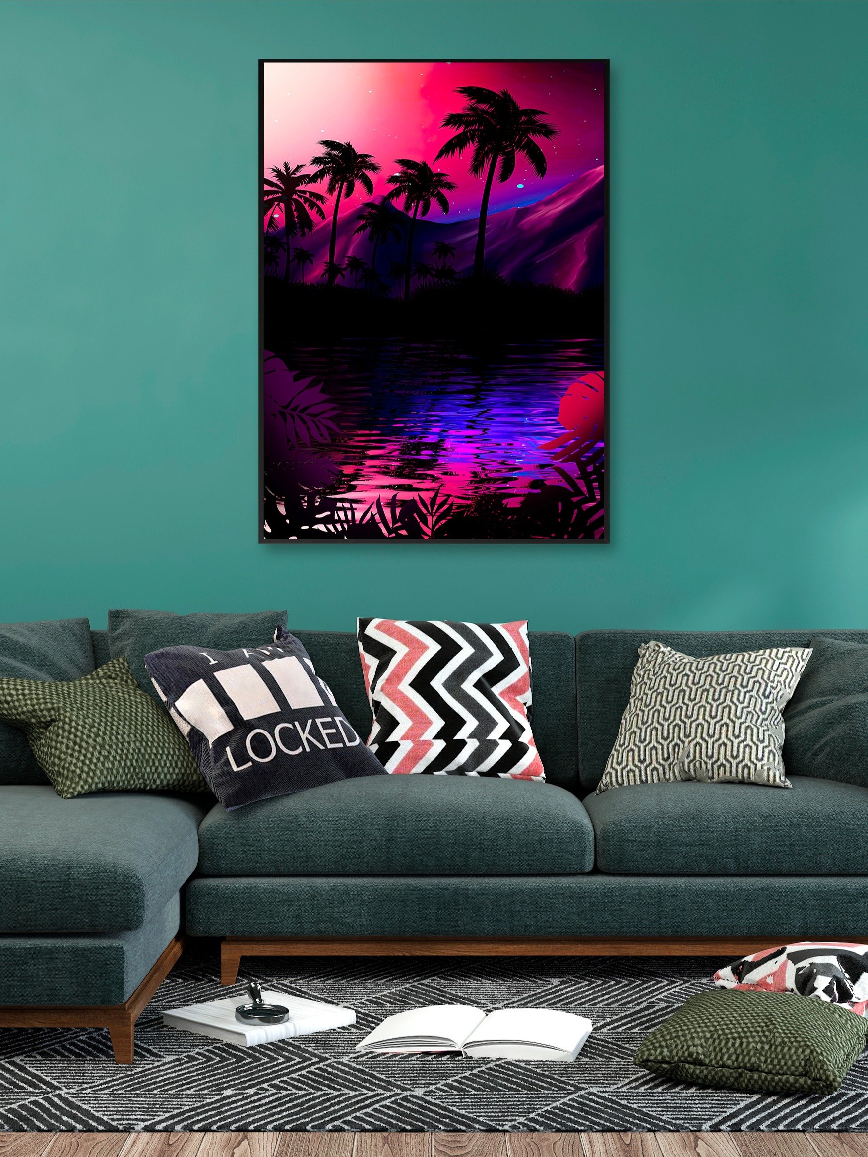 Neon landscape: Pink purple tropical beach [synthwave/vaporwave/cyberpunk] — Aesthetic retrowave poster product image (2)