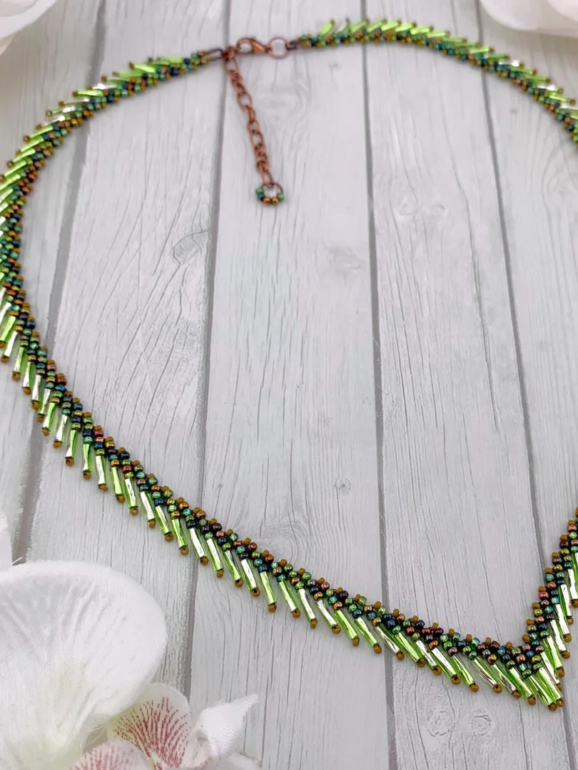 Bugle Bead Fringe Necklace - Green product image (5)
