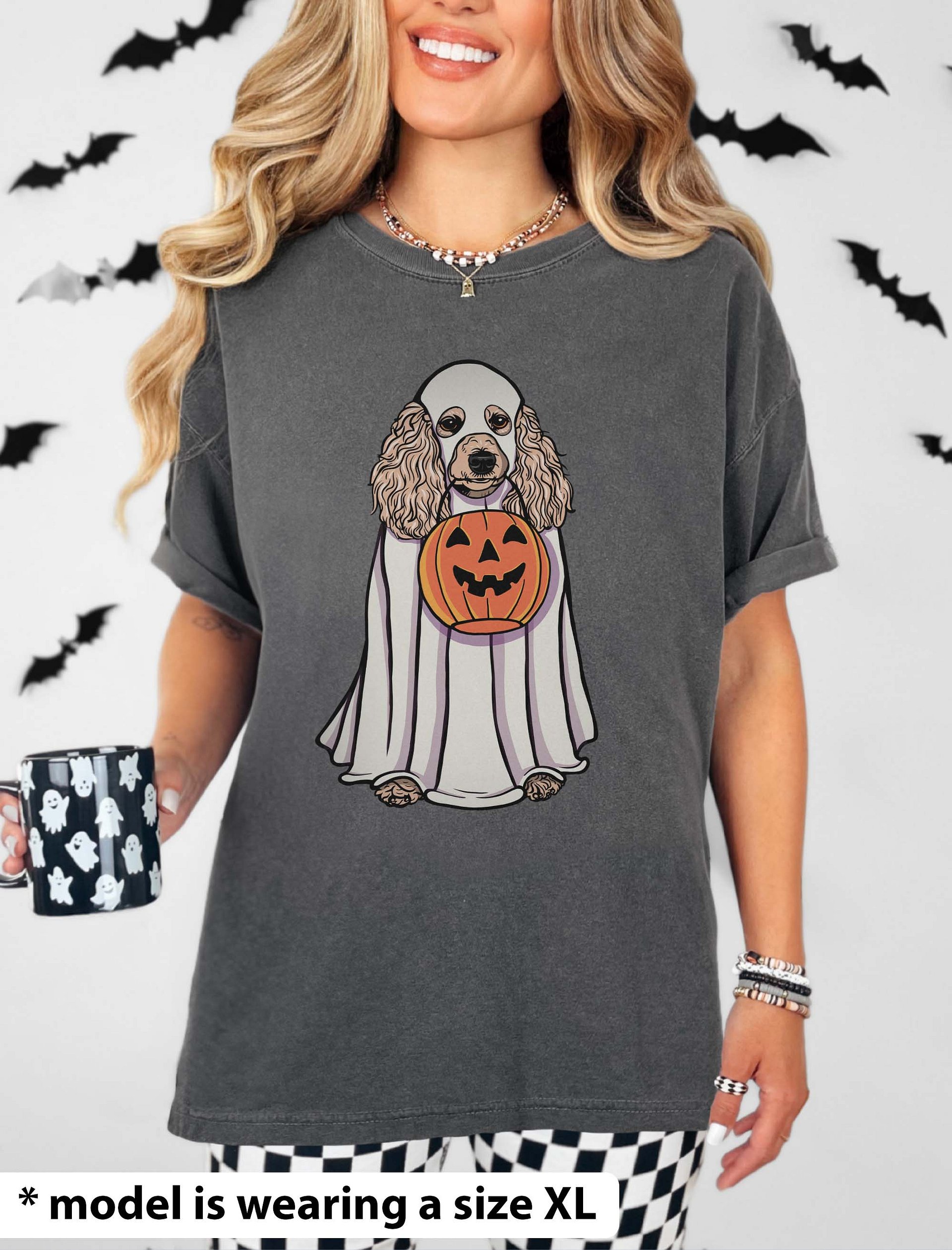 Funny Halloween Poodle(Beige) T-Shirt | Funny Papillon Wearing a Ghost Costume and Holding a Pumpkin Basket product image (2)