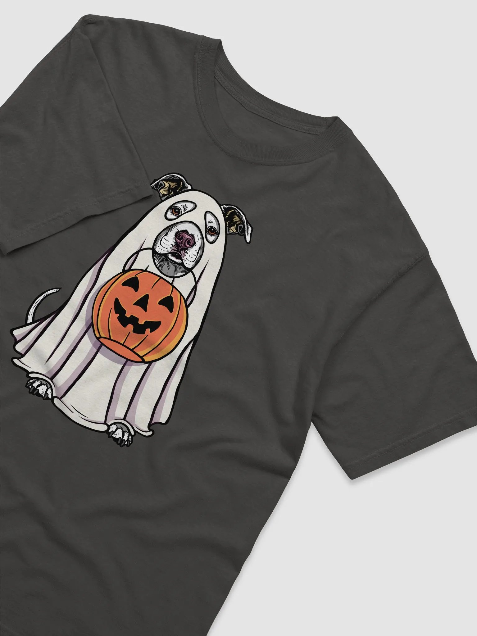Funny Halloween Pitbull Terrier T-Shirt | Funny Pittie Wearing a Ghost Costume and Holding a Pumpkin Basket product image (6)