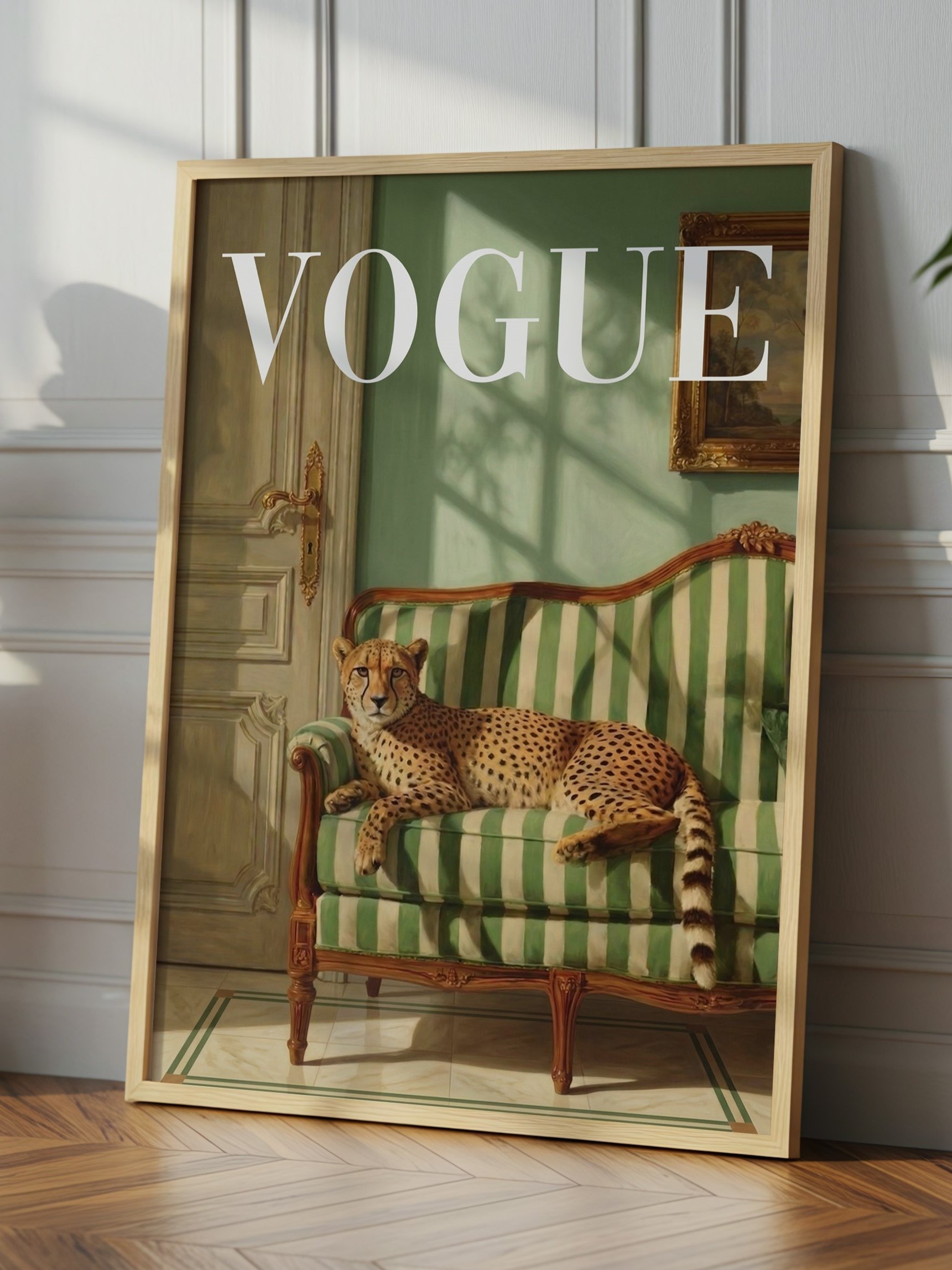 Cheetah on Green Sofa Fashion Poster - Vintage Vogue Print product image (1)