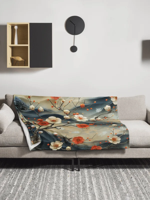 Traditional Japanese Floral Throw Blanket - Plum Blossom Aesthetic Fleece product image (14)