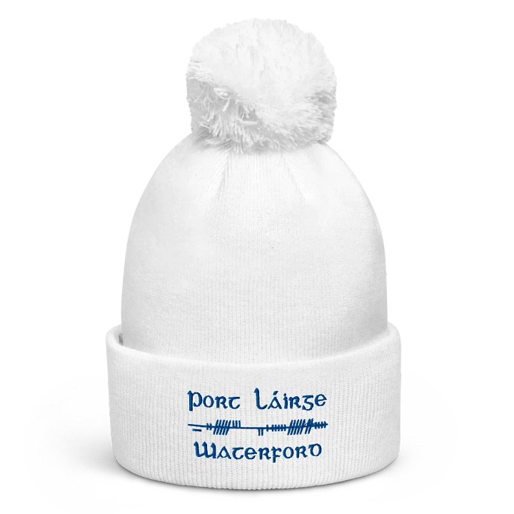 Waterford/Port Láirge, Orthodox style Ogham, white with blue, embroidered Pom-Pom Beanie product image (1)