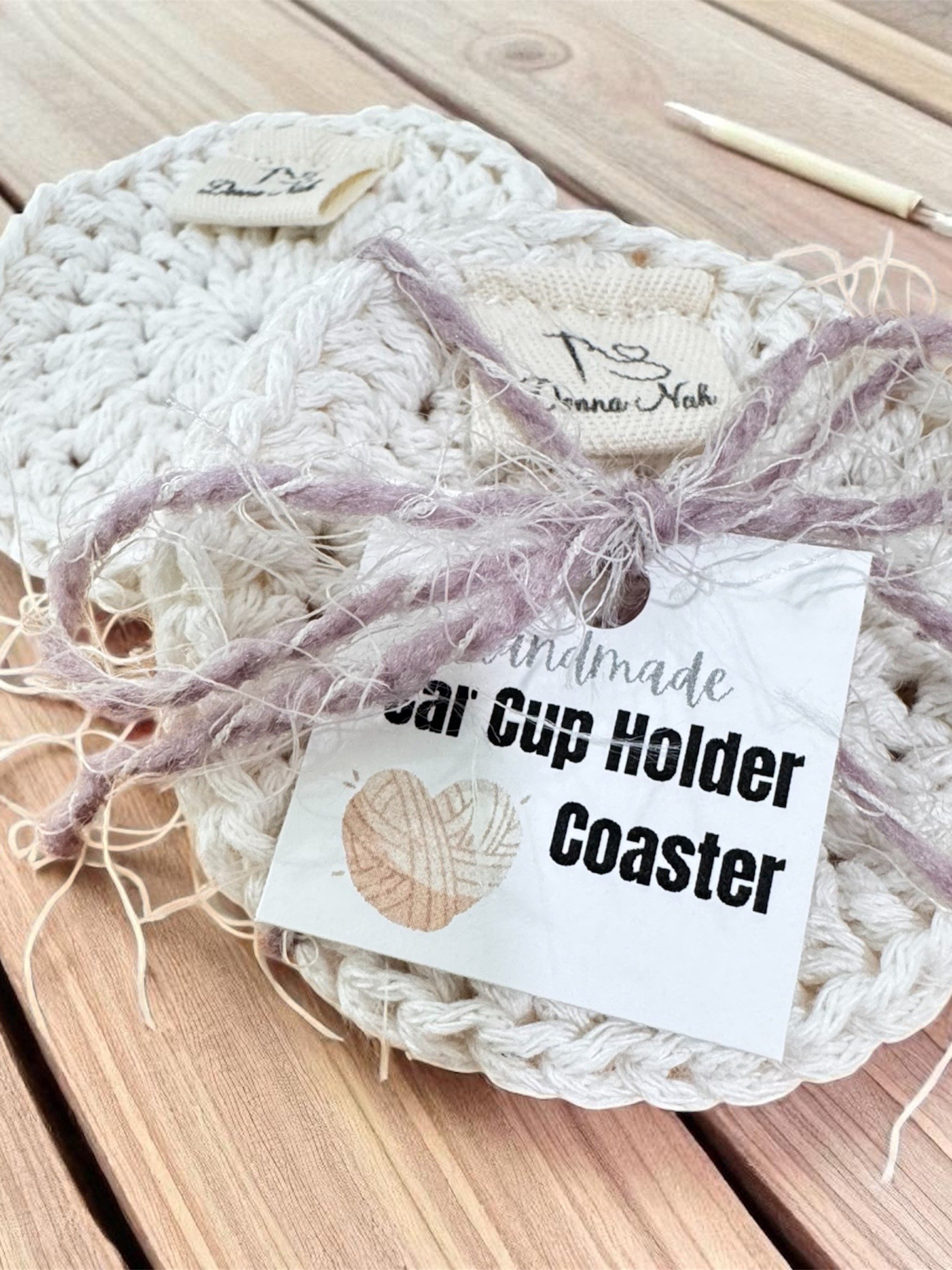 Car Cup Holder Coaster handmade crochet - set of 02 - Natural color product image (3)