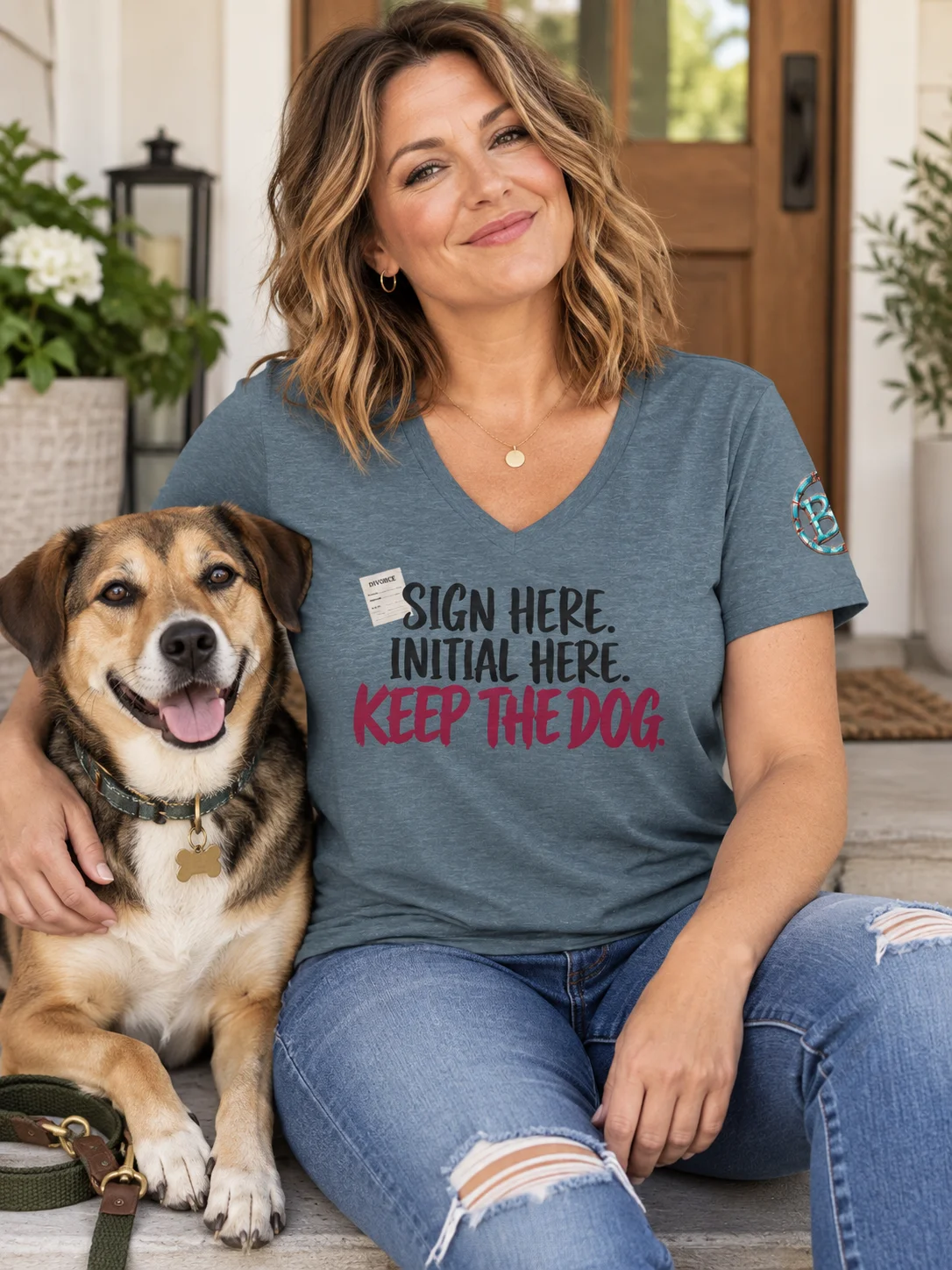 Funny Divorce Party Shirt for Women — Sign Here, Initial Here, Keep the Dog V-Neck | Broken Marriage™ product image (2)
