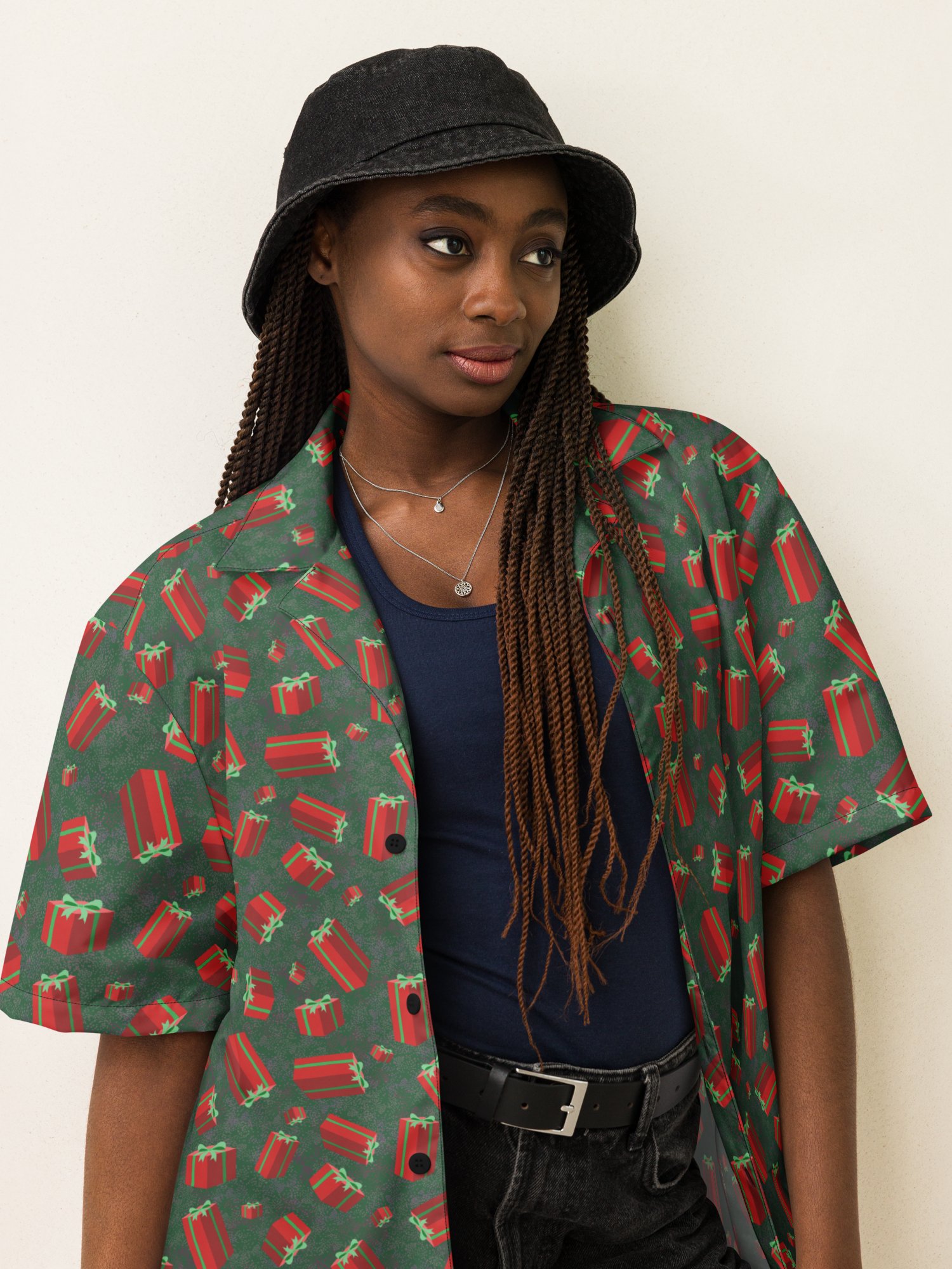 Floating Red Presents on Teal Green Oversized Button-Down Shirt product image (11)
