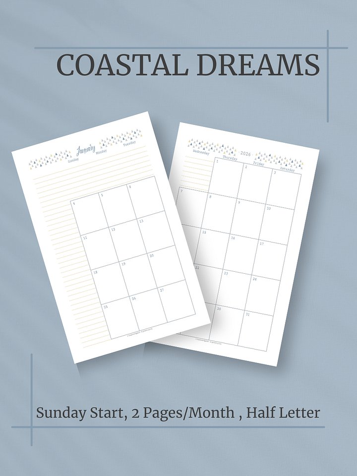 Coastal Dreams 2026 Calendar - 2 Pages per Month, Sunday Start, Half Letter Size product image (1)