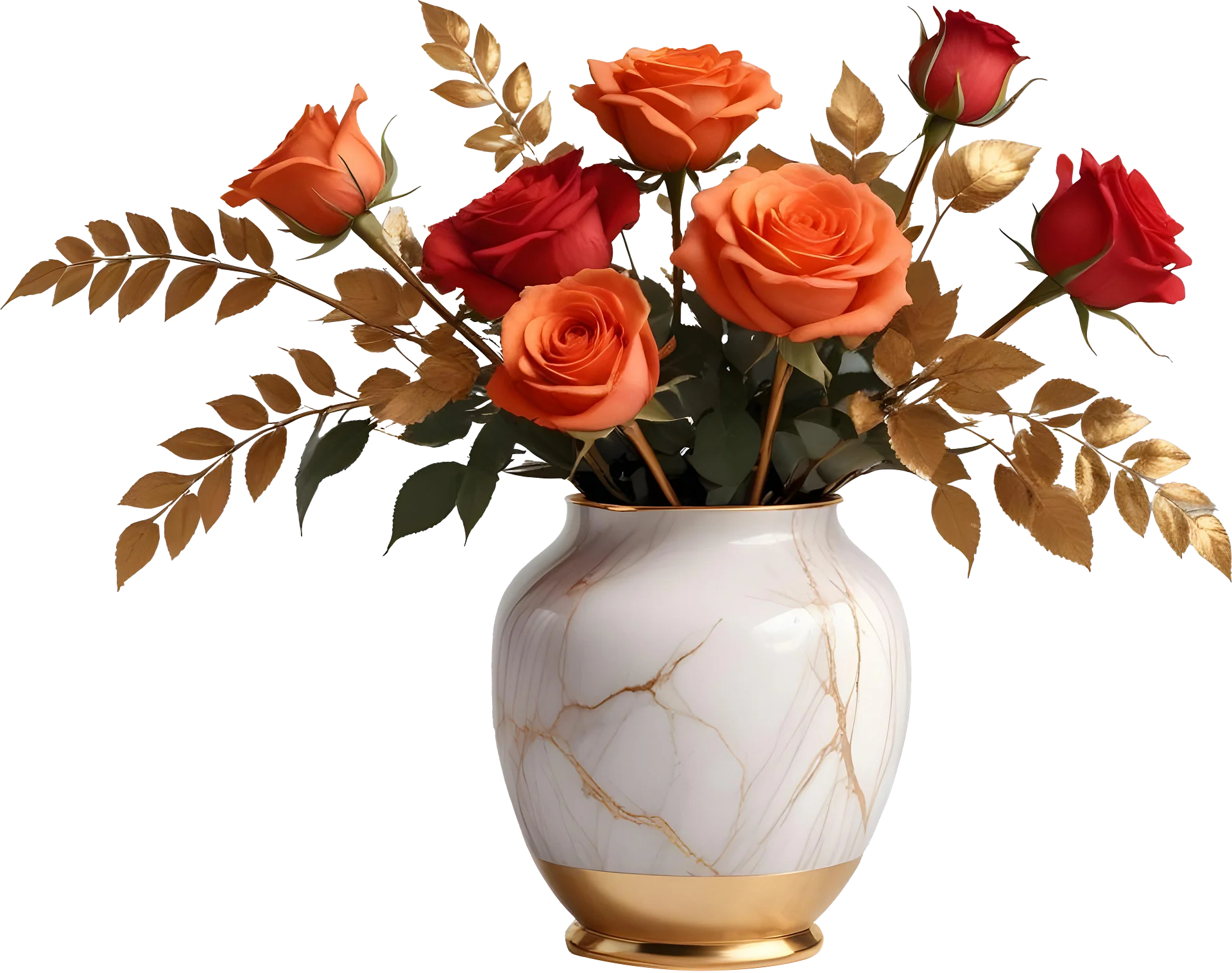 Romantic Grace – White Marble and Gold Rose Vase PNG product image (1)