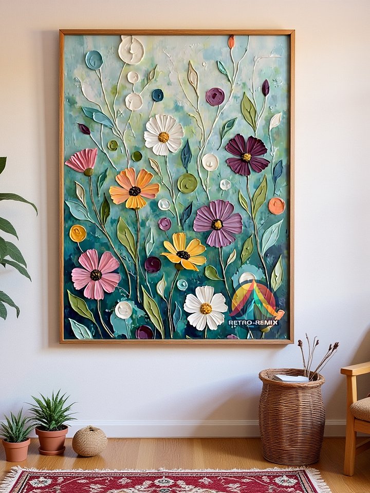 Whimsy in Bloom – Retro Floral Wall Art with Textured Wildflowers on Aqua Teal product image (2)