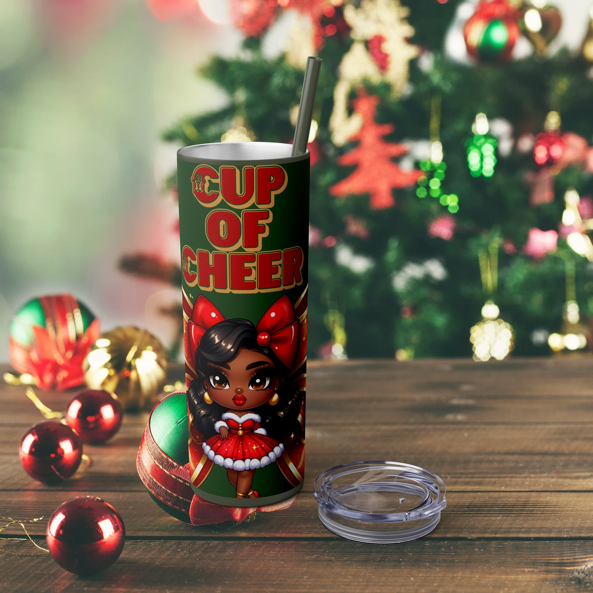 Cup of Cheer Design, Christmas Tumbler Wrap Digital Download, Brown Holiday Doll Art, 20oz Sublimation Design, Festive Holiday Wrap PNG product image (3)