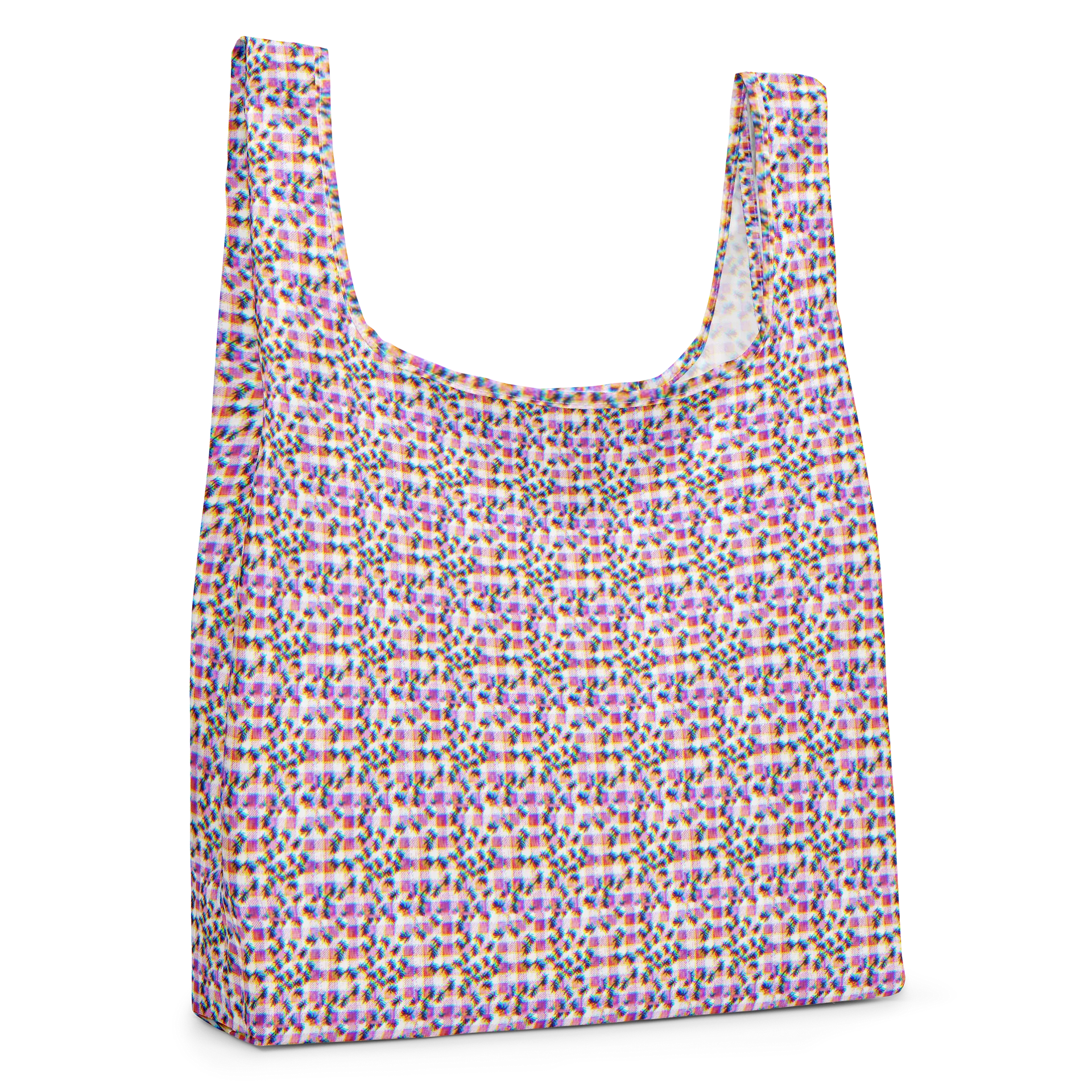 “ant picnic” glitchy pixel ants gingham pattern reusable shopping bag product image (5)