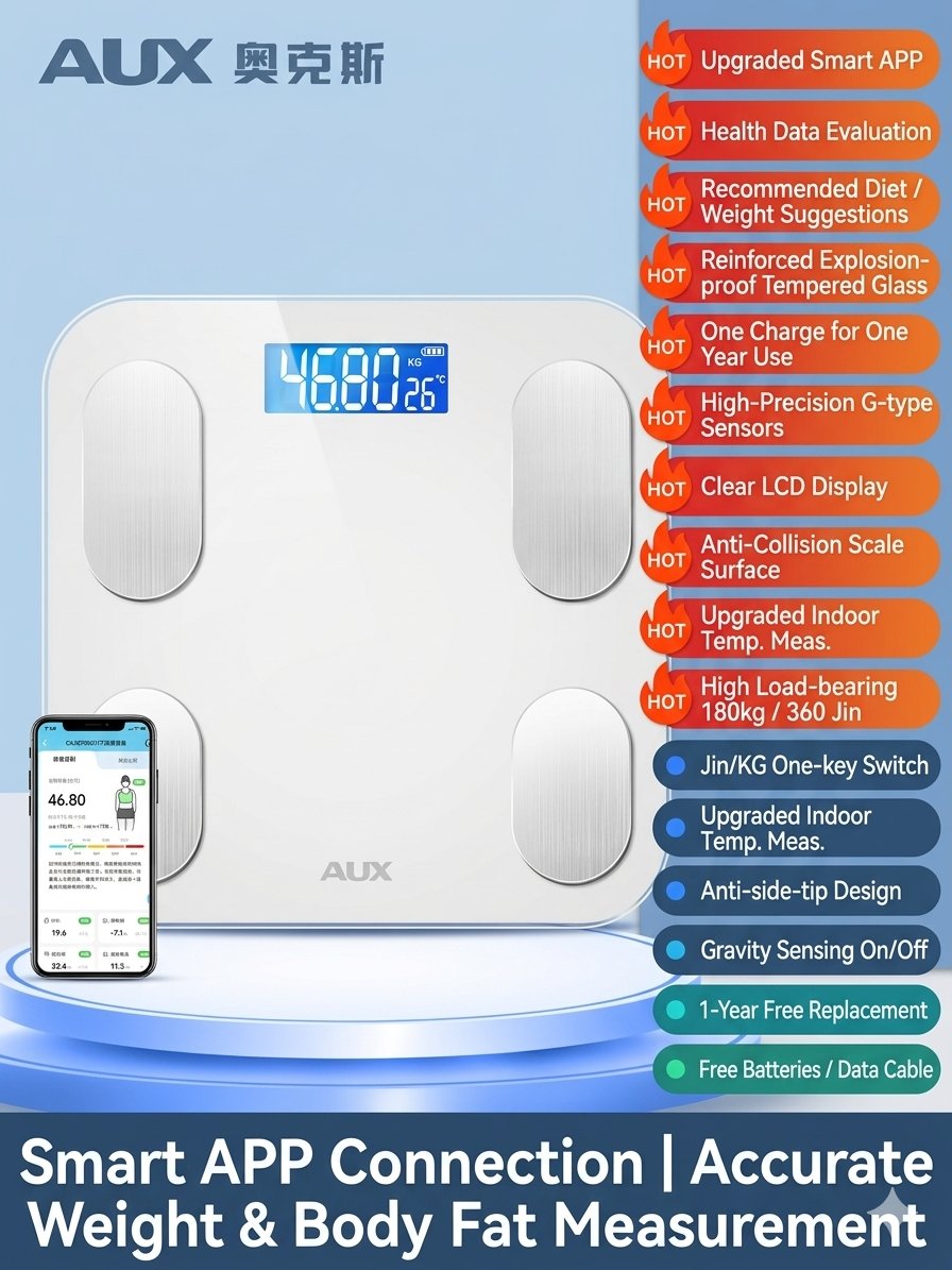 AUX Smart Scale: 81+ metrics via OKOK App. High-precision (0.01kg) sensors. USB rechargeable. 400lb capacity. Sleek tempered glass in Black/White. product image (1)