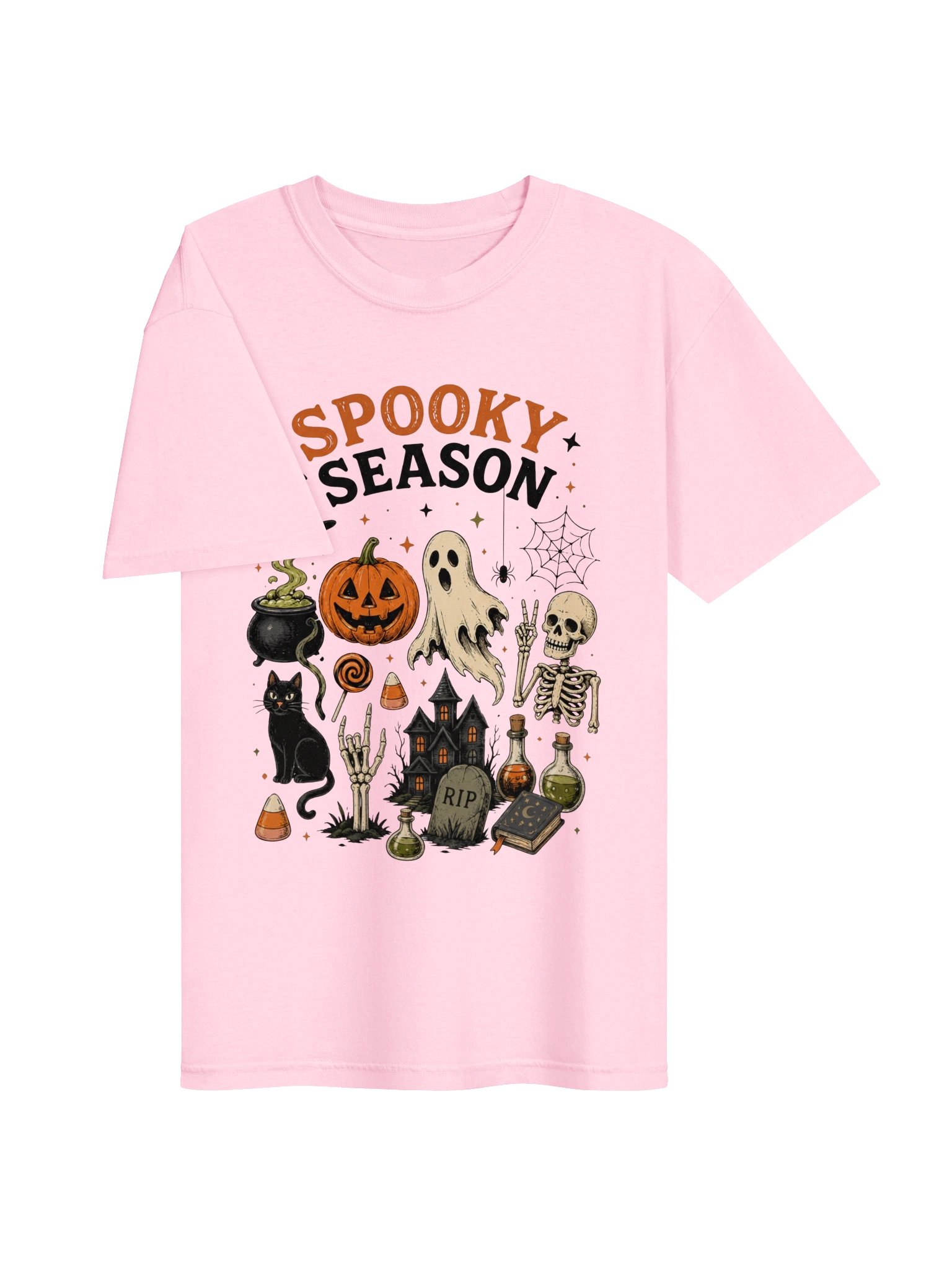 Spooky Season Pastel Halloween Graphic Tee - Cute Ghost, Pumpkin & Cat Shirt product image (19)