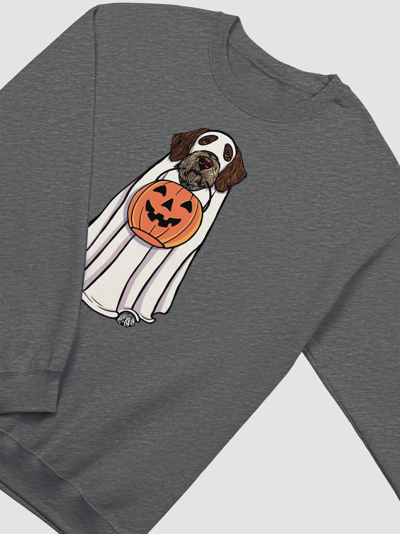 Funny Halloween German Wirehaired Pointer Sweatshirt | Funny Dog Wearing a Ghost Costume and Holding a Pumpkin Basket product image (4)