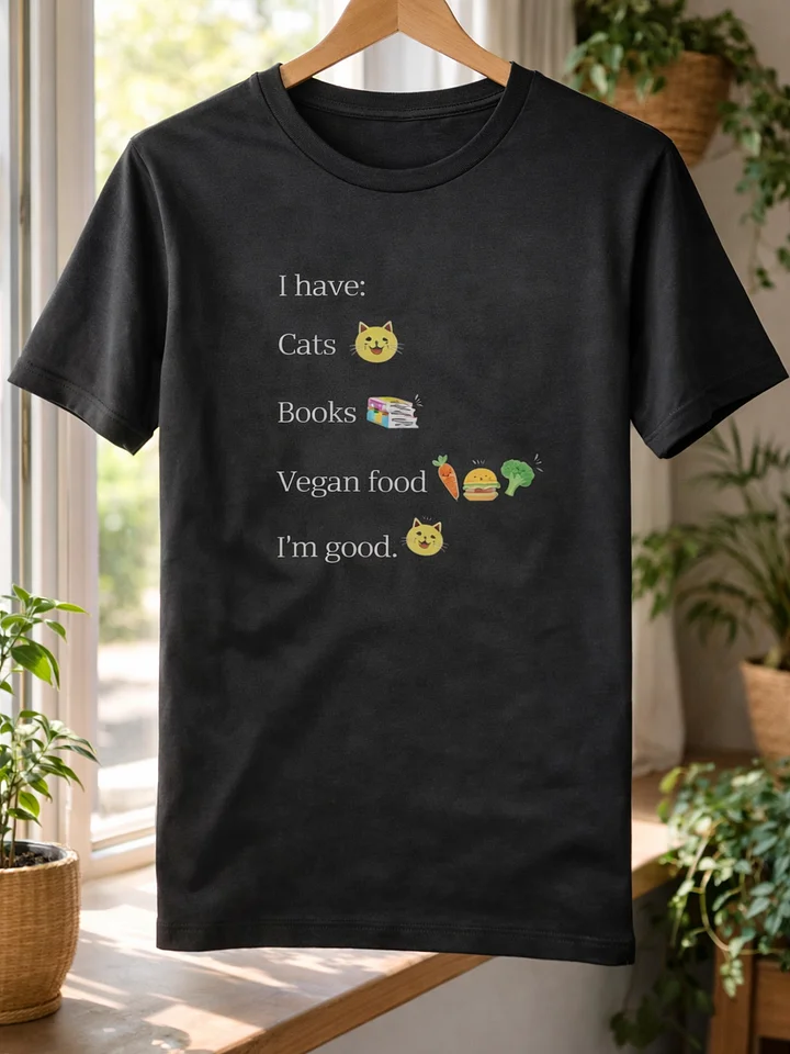 “Cats, Books, Vegan Food” Unisex Black T-Shirt product image (1)