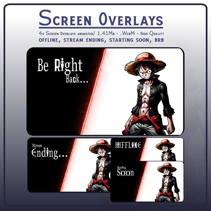 Luffy Black White Stream OVERLAY Pack, One Piece Overlay, Dark Anime twitch overlay, Anime black white Overlay, Black white stream overlay product image (2)