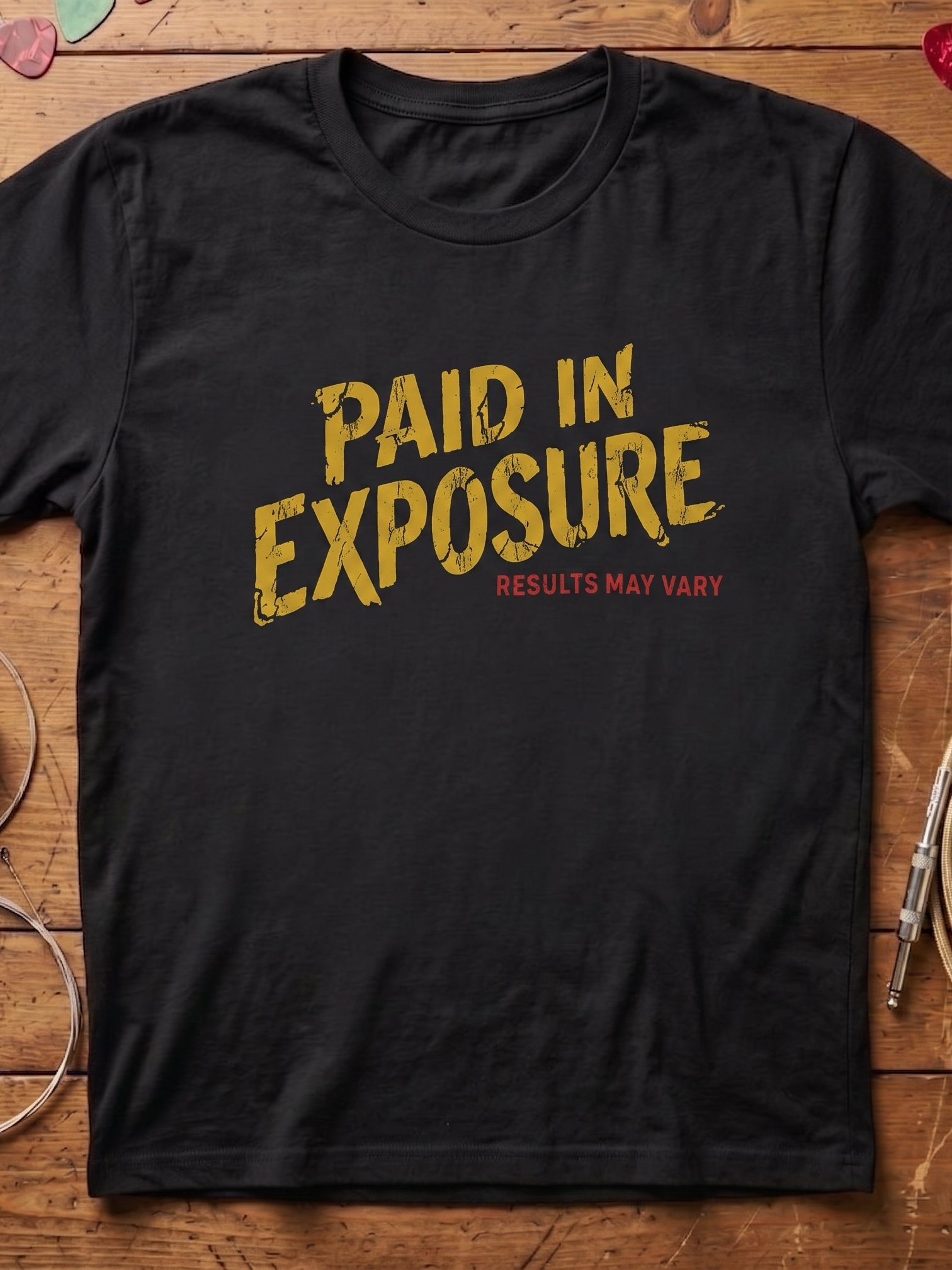 Paid in exposure - results may vary | funny guitar t-shirt product image (1)