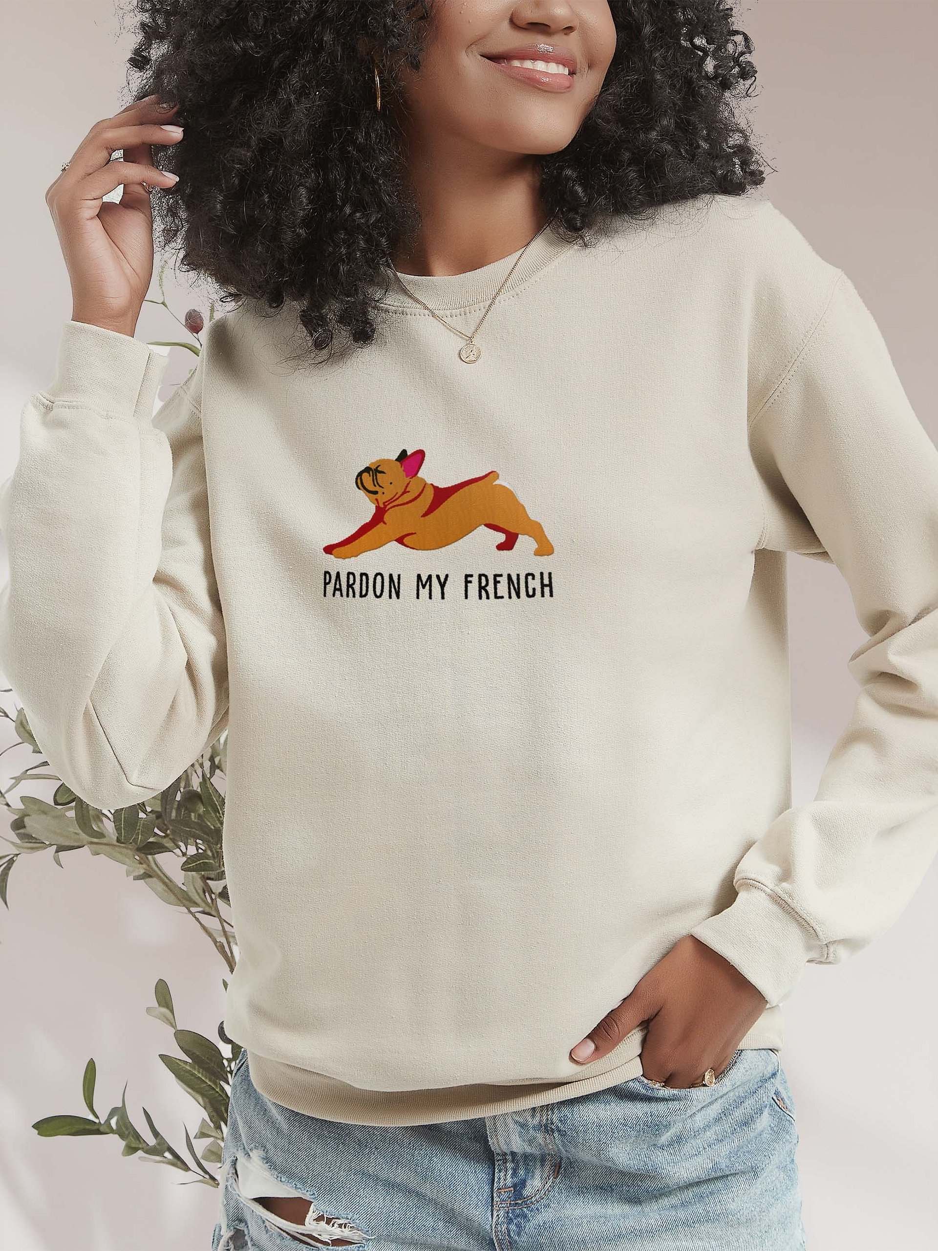 Pardon My French Sweatshirt (Embroidered) of a French Bulldog (Tan/Fawn) product image (2)