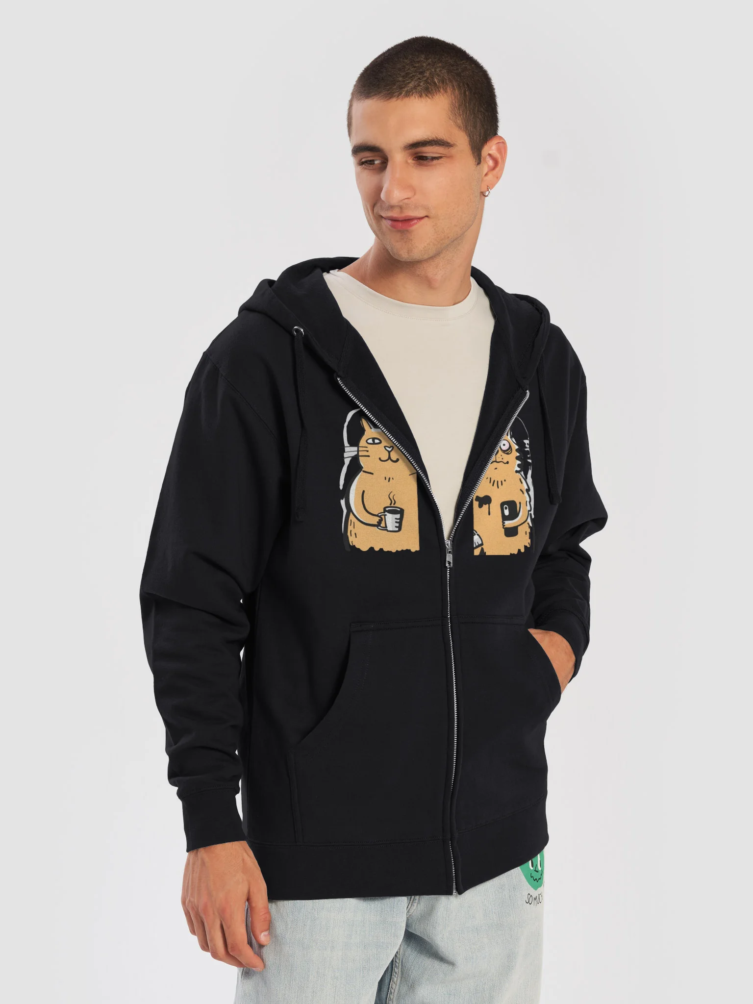 Coffee Cats Black Zip-Up Hoodie – Cute Cat Graphic Unisex Hoodie product image (5)