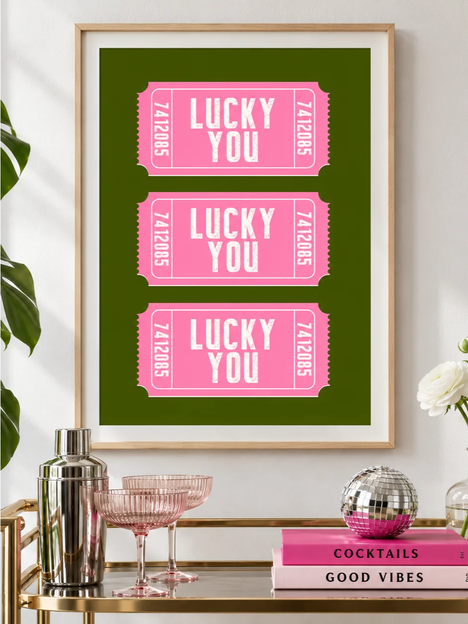 Lucky You Poster, Pink Green Ticket Wall Art, Retro Typography Print, Funky Dopamine Decor, Bright Printable Bedroom Art, Gallery Wall Print product image (1)
