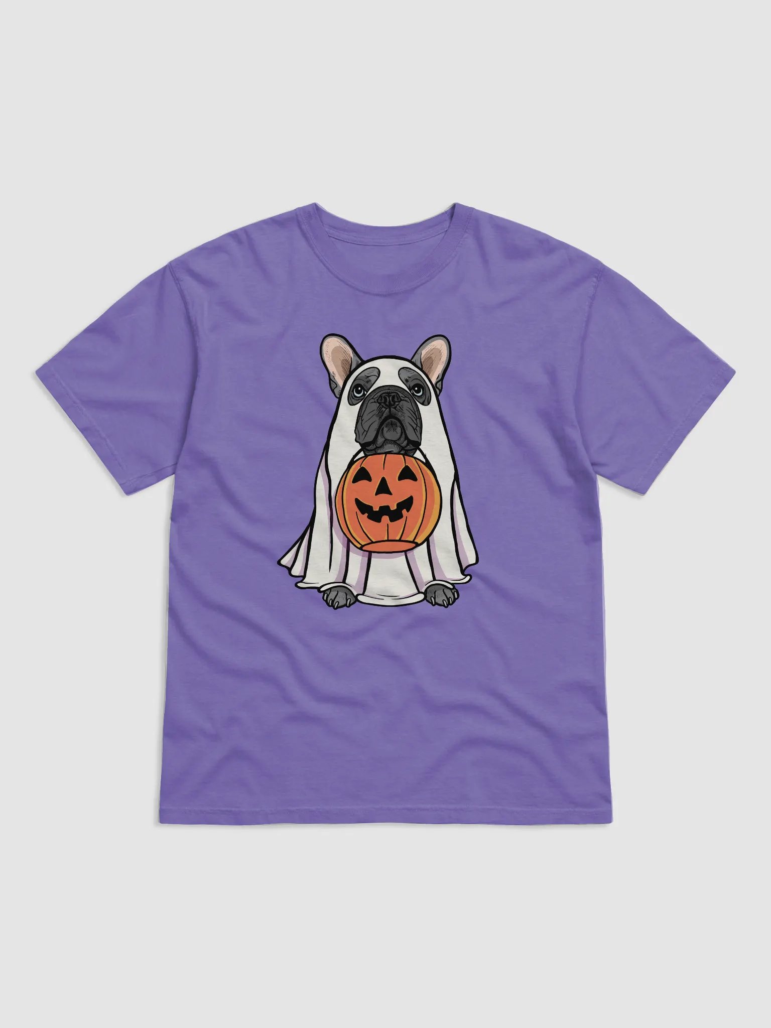 Funny Halloween French Bulldog(Blue) T-Shirt | Funny Frenchie Wearing a Ghost Costume and Holding a Pumpkin Basket product image (1)