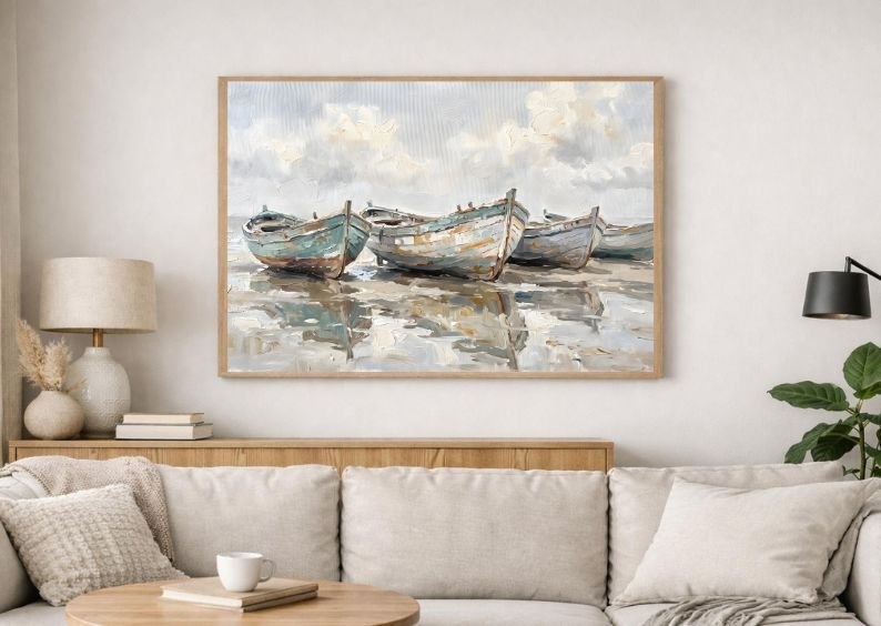 Rare Watercolor Coastal Wall Art Bundle of 3 – Fishing Boats on Wet Sand, Waves Crashing Against Coastal Rocks & Wooden Pier Extending into Ocean, Fine Detail Nautical Print product image (3)