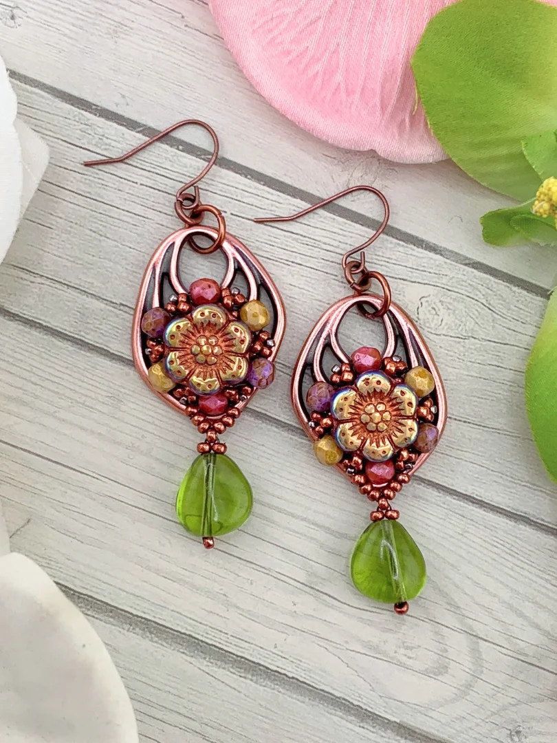 Floral Boho Beaded Copper and Glass Earrings product image (4)