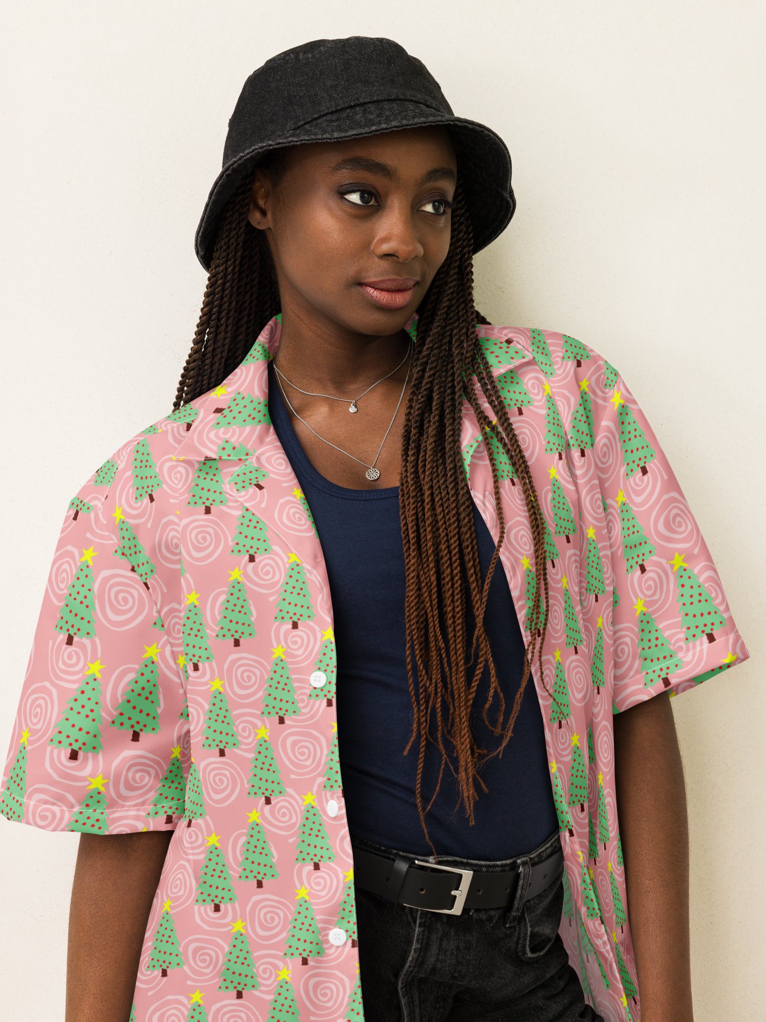 Mint Green Christmas Trees on Pink Oversized Button Down Shirt product image (9)