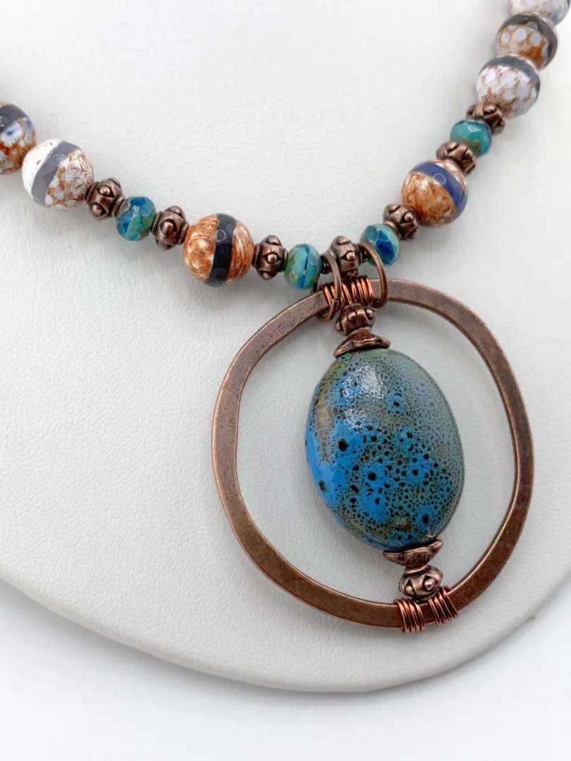 Blue and Copper Porcelain Pendant with Dzi Agate Neckace and Earrings Set product image (2)