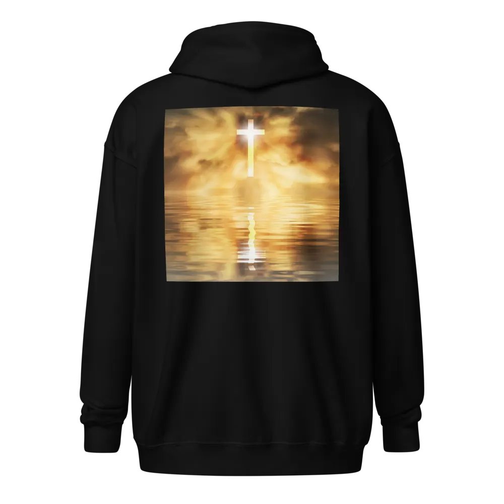 Glowing cross illuminated by intense golden light, reflecting on calm water below Hoodie product image (1)