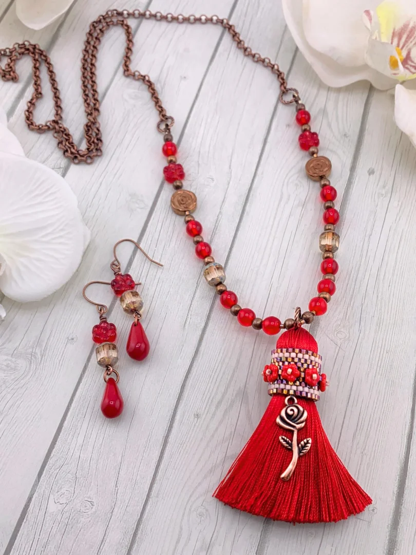 Beaded Red Tassel Necklace Set on Antique Copper Chain product image (1)