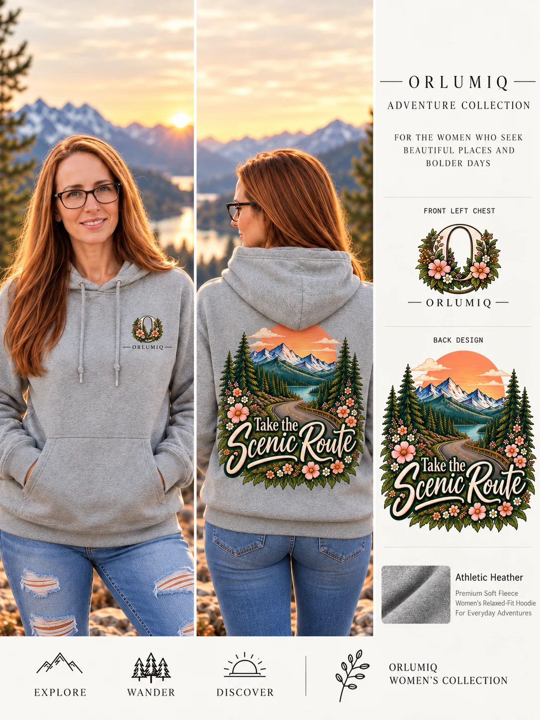 ORLUMIQ Take the Scenic Route Hoodie | Mountain Adventure Graphic Pullover – Athletic Heather product image (1)