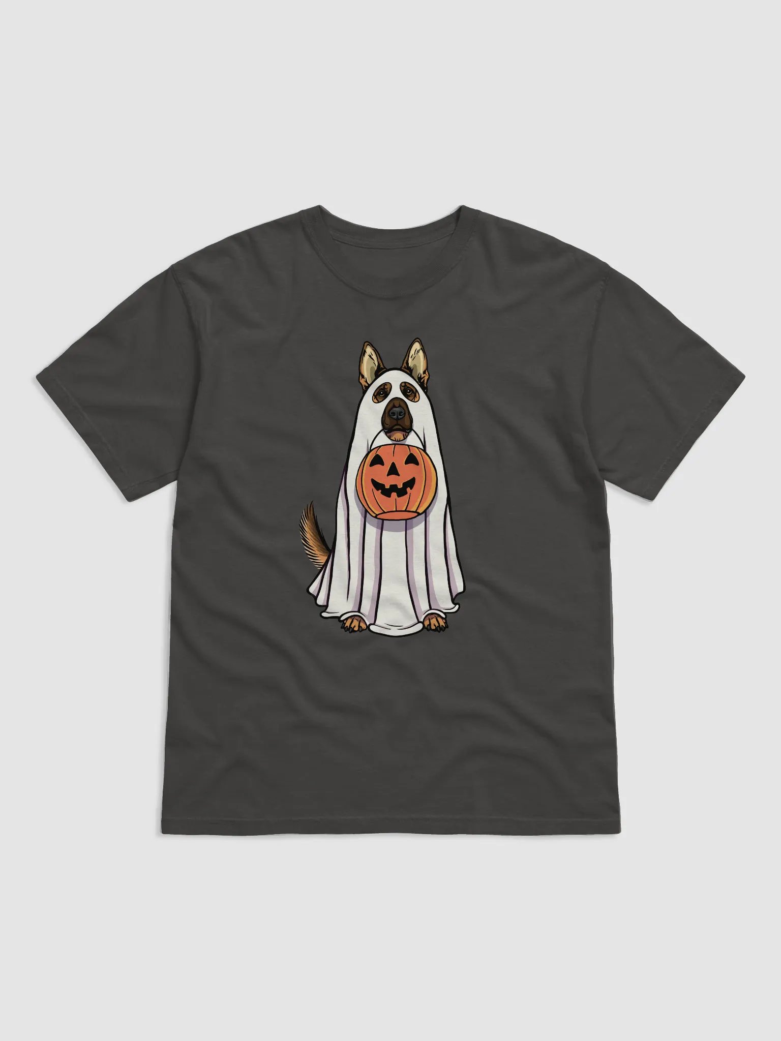 Funny Halloween German Shepherd T-Shirt | Funny GSD Wearing a Ghost Costume and Holding a Pumpkin Basket product image (1)