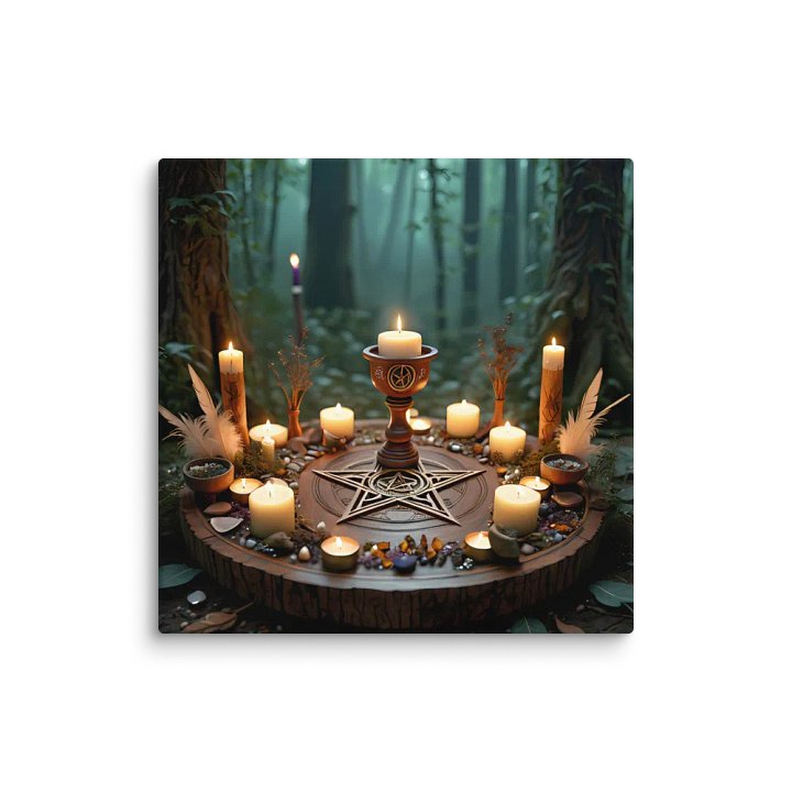 Enchanting Forest Altar Setup for Rituals – Pentagram Candles, Wiccan Chalice, Feather Decor, and Spiritual Nature Vibes product image (1)