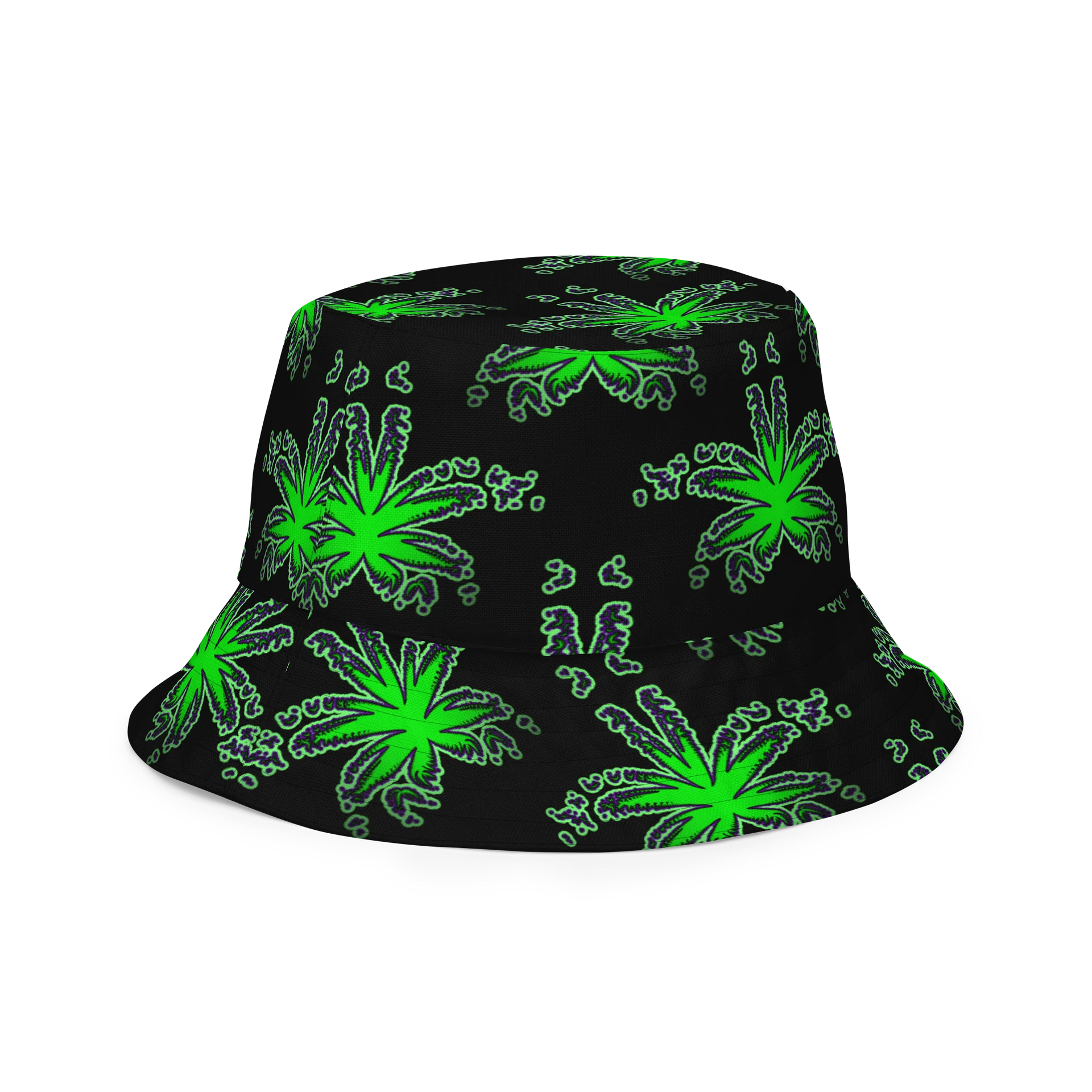 Stoner Raver Reversible Bucket Hat, Cannabis Halloween Accessory, Weird Weed Rave Wear, Orange Green Black Pot Leaf 420 Alt Festival Fashion product image (7)
