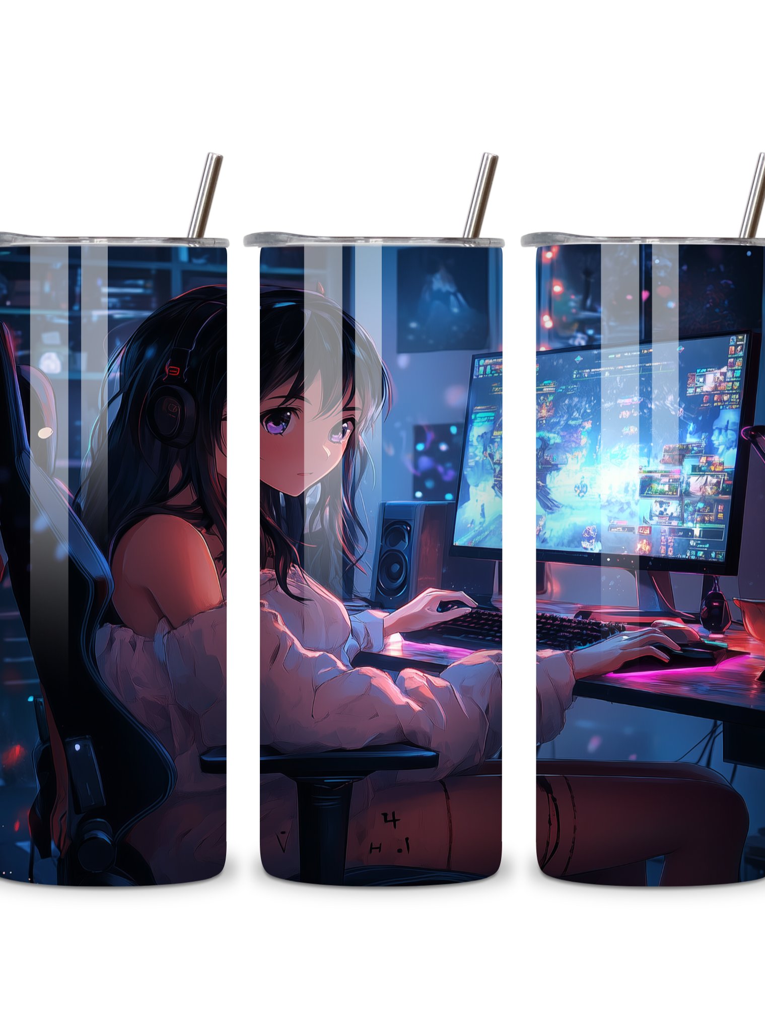 Anime Gamer Girl 20oz Skinny Tumbler with Metal Straw – Vibrant Gaming Setup Design – Double-Walled Insulated Stainless Steel Tumbler Gift for Anime and Gaming Fans (Anime Girl 2) product image (3)